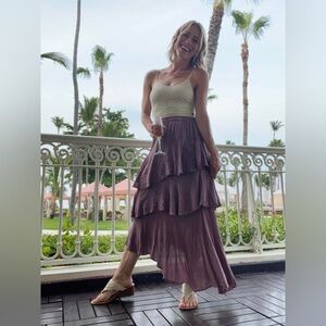 Savvi Cortney Ruffle Skirt | Mauve Tiered Asymmetrical Maxi